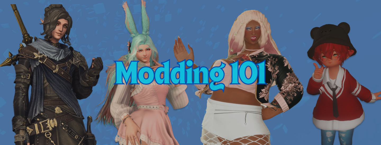 Banner with 4 different characters showing different types of mods and the name Modding 101