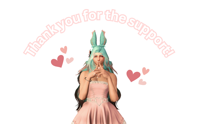 A blue haired viera with long blue hair and a pink dress with uncovered shoulders. Text above his head reads Thank you for your Support!